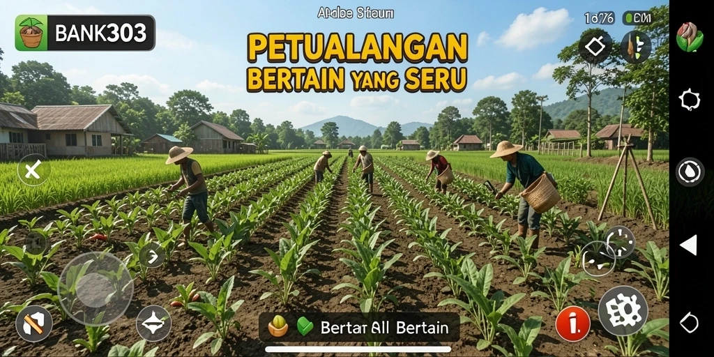 Antarmuka permainan BANK303 menampilkan ladang hijau yang subur dan hewan ternak.