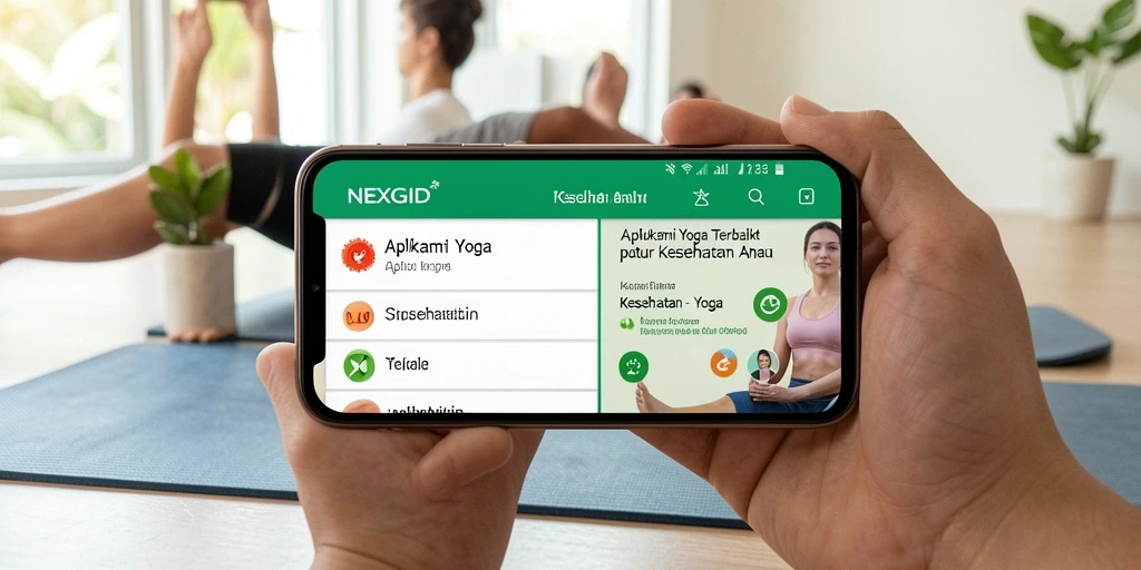 Tampilan antarmuka aplikasi NEXGID dengan sesi Yoga yang mudah diakses.